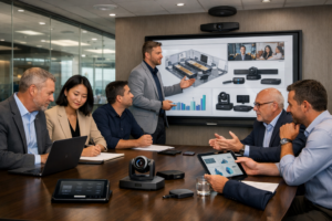 Create an ultra-realistic horizontal business technology consultation scene inside a modern corporate office. Show a diverse team of professionals sitting around a conference table discussing an audio visual (AV) solution that aligns with their business objectives. Include a business manager reviewing project goals on a laptop, an AV consultant presenting system options on a large interactive display, and team members actively participating in the discussion. Display realistic business planning elements such as meeting room layouts, digital collaboration tools, video conferencing screens, presentation displays, tablets, and data charts. Capture natural human interactions, thoughtful expressions, note-taking, and collaborative decision-making. The office should feature modern architecture, glass walls, premium furniture, professional lighting, and advanced AV technology seamlessly integrated into the environment. Include realistic details such as ceiling speakers, video conferencing cameras, digital displays, wireless presentation devices, and smart meeting room controls. Focus on professionalism, teamwork, technology planning, business strategy, and informed decision-making. Create a trustworthy and engaging atmosphere that highlights how businesses evaluate whether an AV solution supports their goals. Use natural lighting, realistic facial expressions, high-detail photography style, depth of field, premium corporate environment, and commercial-quality visual storytelling.